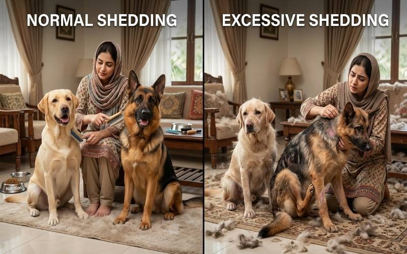 Comparison of normal and excessive dog shedding in Labrador and German Shepherd showing healthy coat versus hair loss, bald spots, and skin irritation