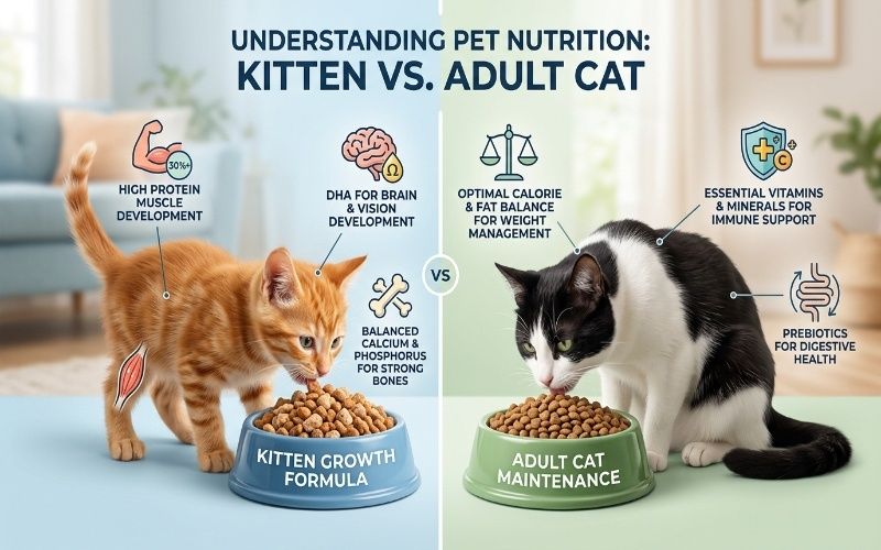 Comparison of kitten and adult cat nutritional needs including protein, fat, energy, vitamins, and minerals