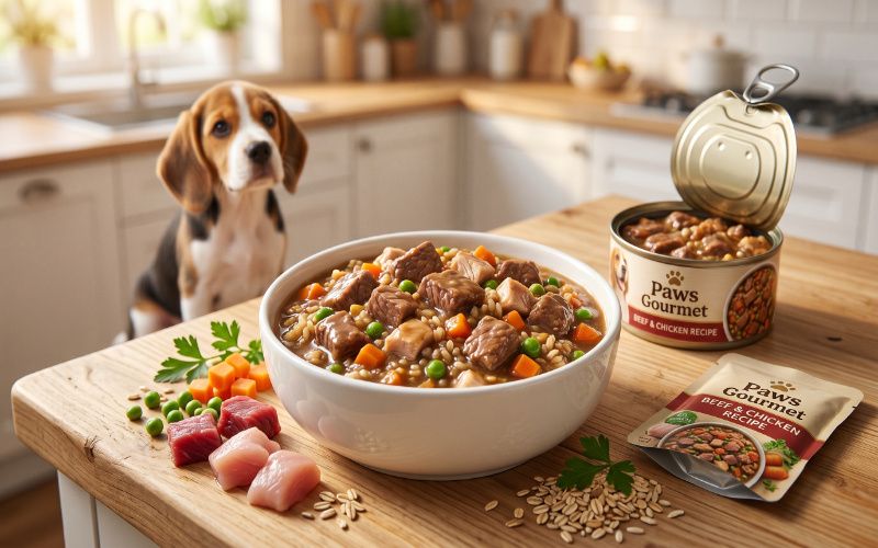 Bowl of wet dog food stew with meat chunks and vegetables beside an opened food can.