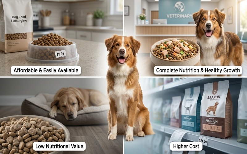 Real-life comparison image showing cheap and premium dog food with a healthy dog in the center highlighting nutrition, cost, and health differences between both options.