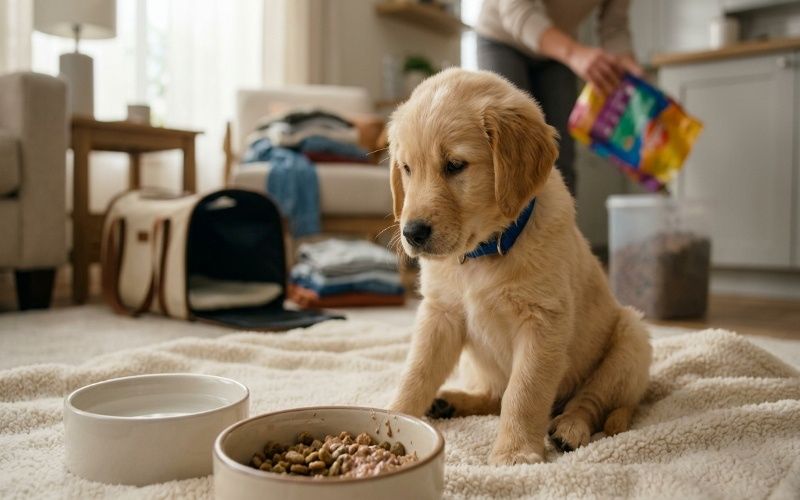 Realistic image of a sick puppy showing digestive discomfort with unhealthy food and diet change causing diarrhea