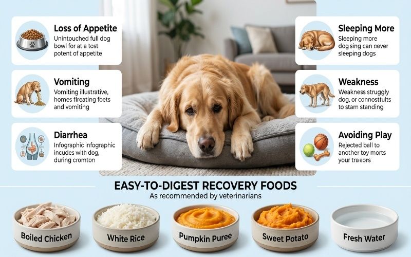 Realistic infographic of a sick dog with illness signs and healthy recovery food