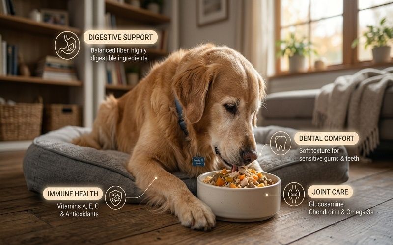 Senior dog eating soft nutritious food showing healthy ingredients like fiber, vitamins, and minerals for aging dog care.