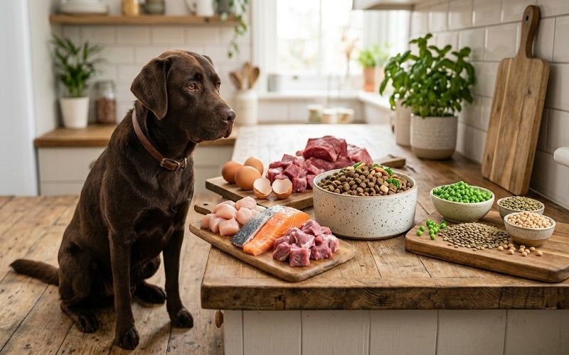 Dog food bowl with animal and plant protein sources for healthy dog nutrition