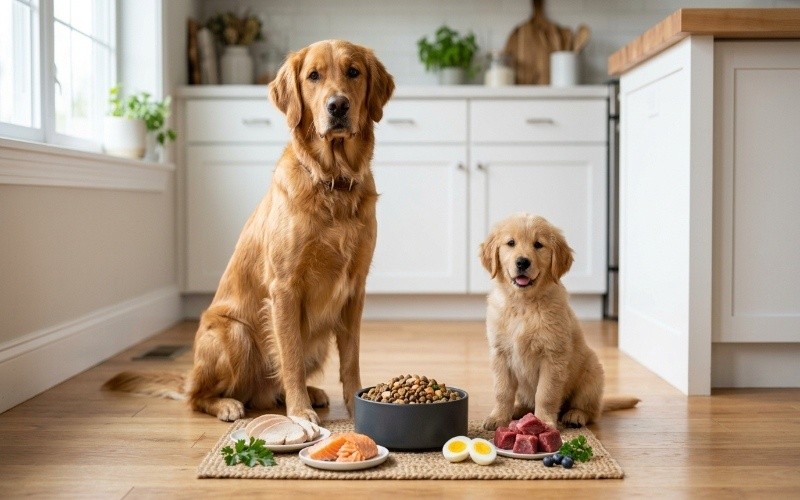 What is protein in dog food? Healthy dog and puppy with protein-rich dog food in a clean kitchen setting, showcasing the importance of high-quality protein sources for their growth and health.
