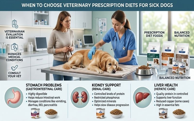 Realistic infographic showing veterinary prescription diets for sick dogs recovery