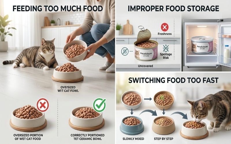 Realistic infographic about common wet cat food feeding mistakes and proper feeding habits