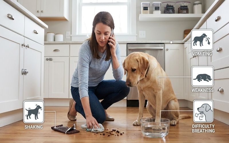 Dog owner removing toxic food and calling a veterinarian while caring for a sick dog in a clean kitchen setting.
