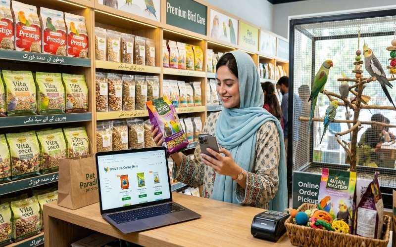 Bird owner shopping for healthy bird food online and in a pet shop with parrots and budgies nearby.