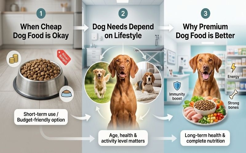 Infographic showing cheap vs premium dog food Pakistan comparison with cheap and premium dog food options and a healthy dog in the center explaining nutrition based on age, lifestyle, and long-term health benefits.