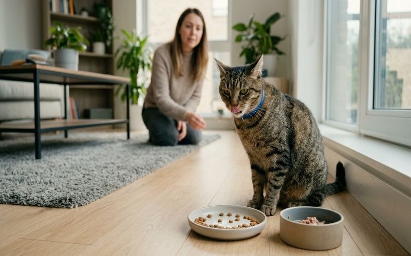 Cat showing mild stomach discomfort after eating in a home setting, representing causes of cat vomiting after eating such as fast eating and food sensitivity.