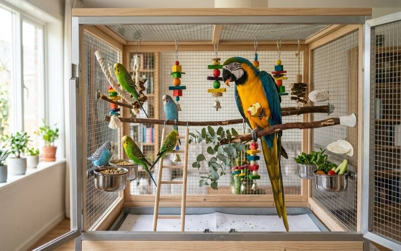 Colorful pet birds inside a spacious and comfortable bird cage best bird cages in Pakistan
