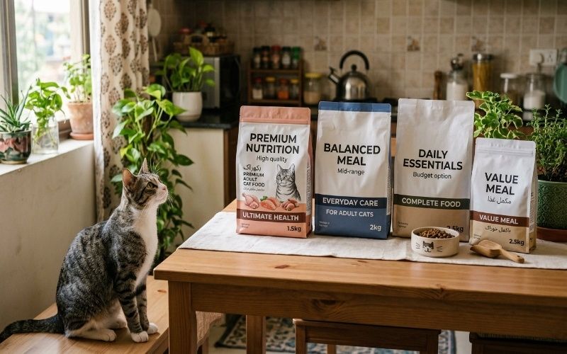Cat sitting near different cat food packages showing best cat food brands available in Pakistan guide