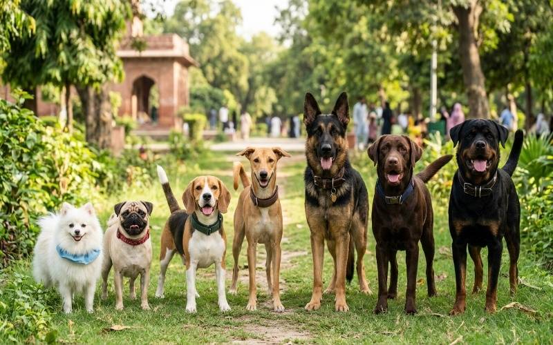 Different dog breeds wearing suitable collars in Pakistan for comfort and safety