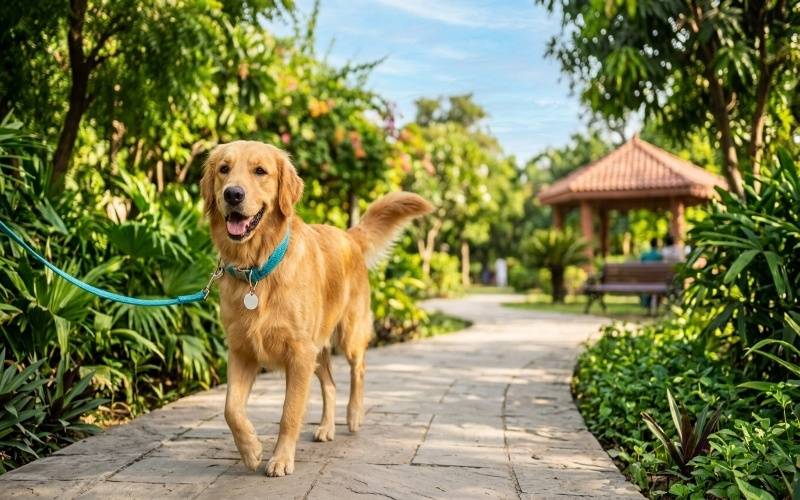 Happy dog wearing a breathable collar suitable for hot weather in Pakistan