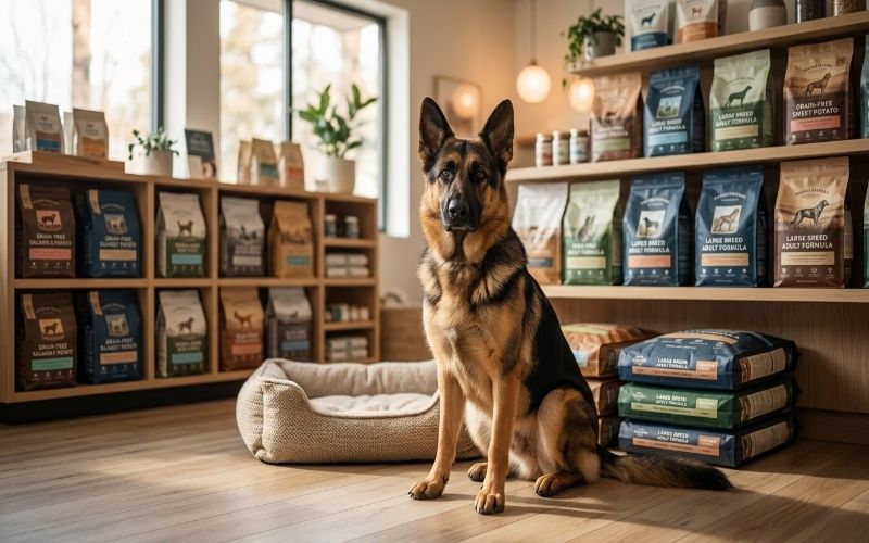 healthy German Shepherd in a pet store setting surrounded by premium dog food bags showing best dog food brands for German Shepherd in Pakistan