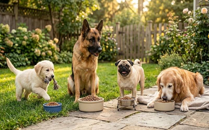 Different dog breeds and ages showing best dog food choices for puppies, large dogs, small breeds, and senior dogs in Pakistan