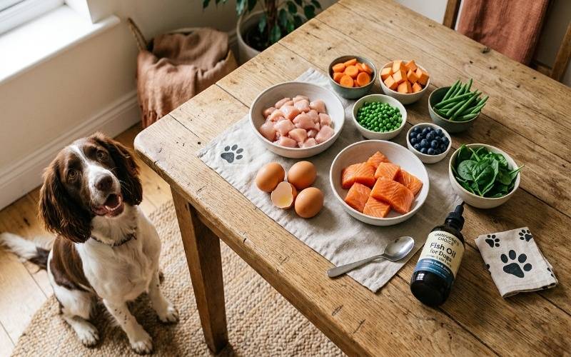 Healthy dog food ingredients like chicken, fish, and supplements for better coat health and reduced shedding