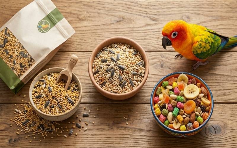 This image shows different parrot food brands in Pakistan including Aves complete food, Birdie seed mix, and Tropimix premium mix to help bird owners understand the best options.