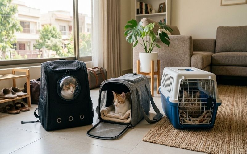 Different types of pet carriers in Pakistan including soft bag hard box and backpack carrier with a cat