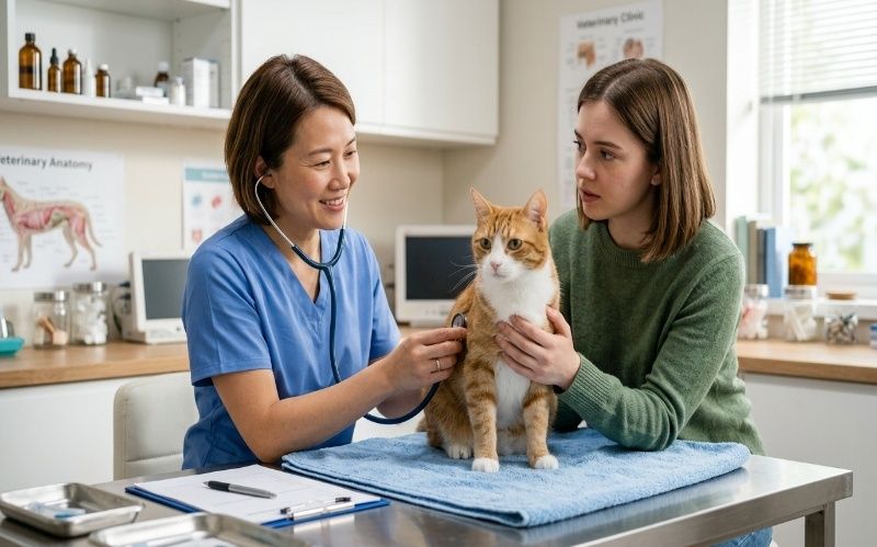 Cat health care and vet visit showing routine checkup vaccination and deworming for healthy cat care beginners