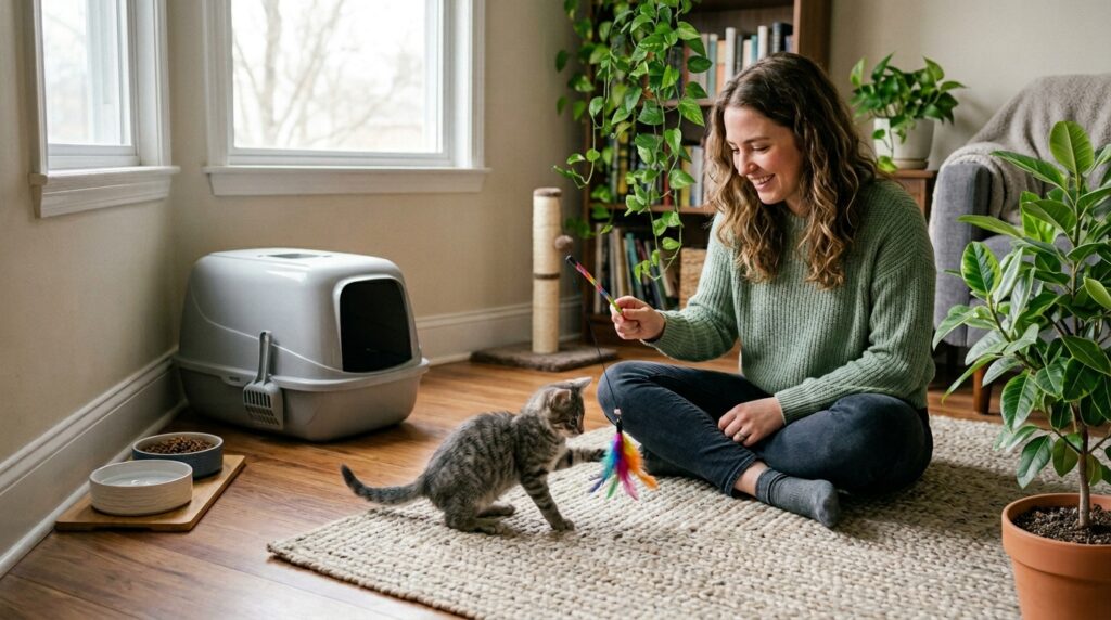 Beginner cat owner playing with kitten near food water and litter box in safe home setup