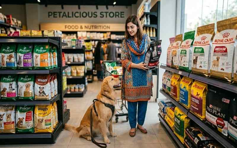 Pet owner comparing imported and local dog food options to choose the best dog food in Pakistan for their dog