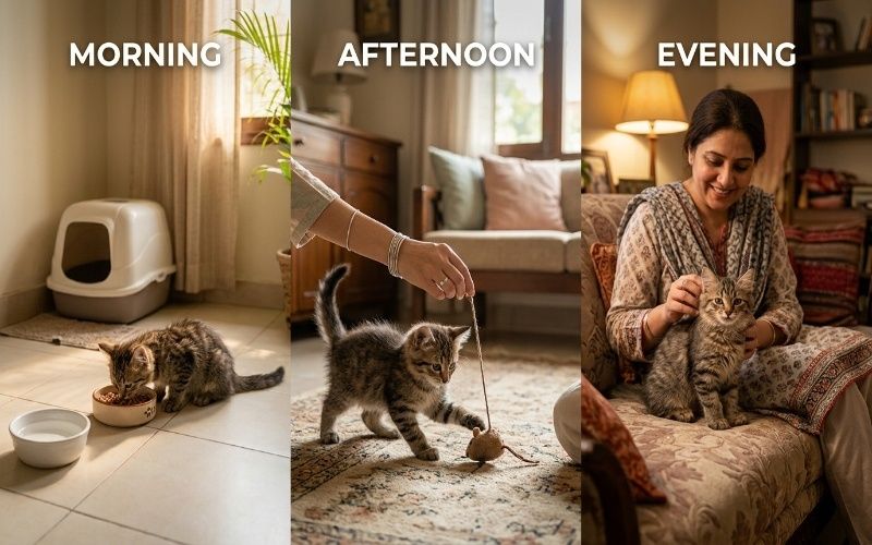 A simple and clean infographic that explains a daily kitten training routine. It shows morning, afternoon, and evening activities with easy icons like food bowl, litter box, toys, and heart for bonding. The design is beginner friendly and helps new cat owners understand how to care for and train their kitten in a daily routine at home.