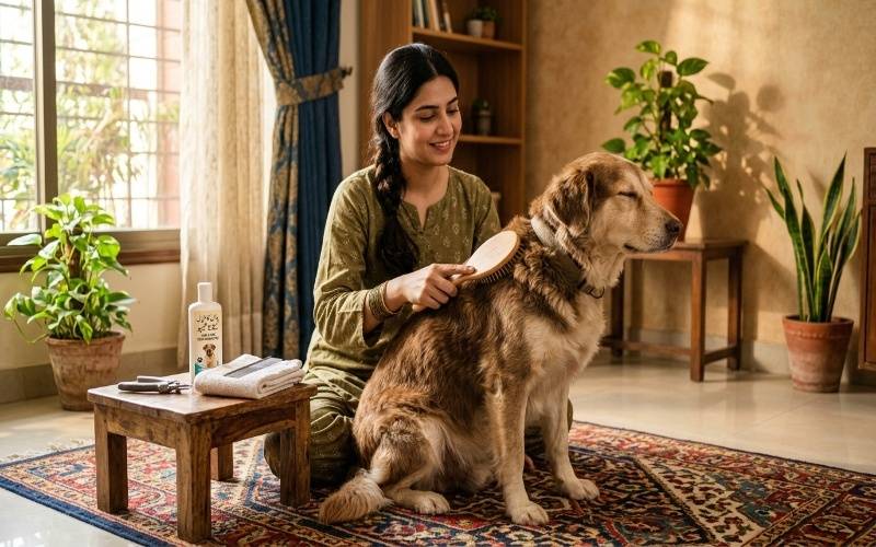 A realistic home grooming scene showing a beginner dog owner brushing and caring for a dog in Pakistan with grooming tools like brush, towel, and shampoo to maintain hygiene and health.