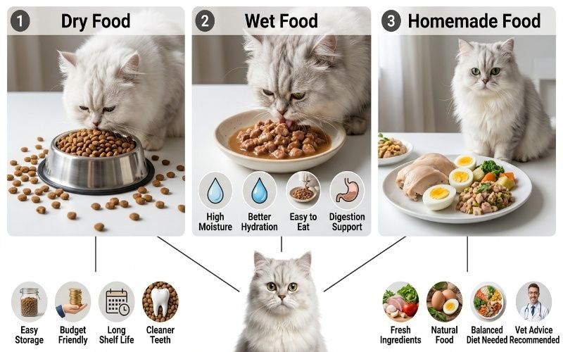 Real photo comparison of dry food wet food and homemade food for Persian cats