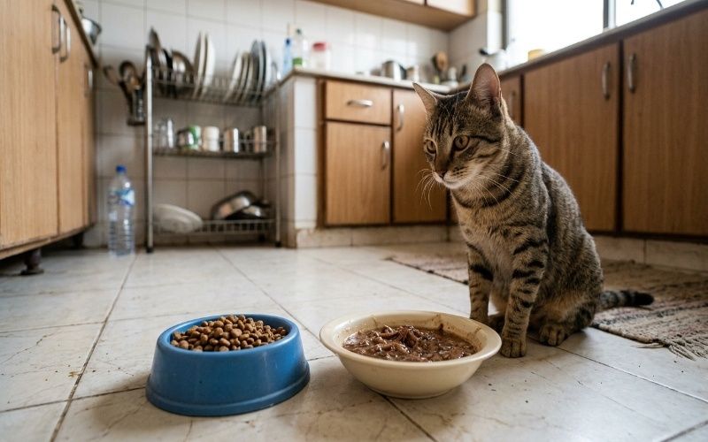 Cat sitting near dry and wet food bowls showing dry vs wet cat food comparison guide