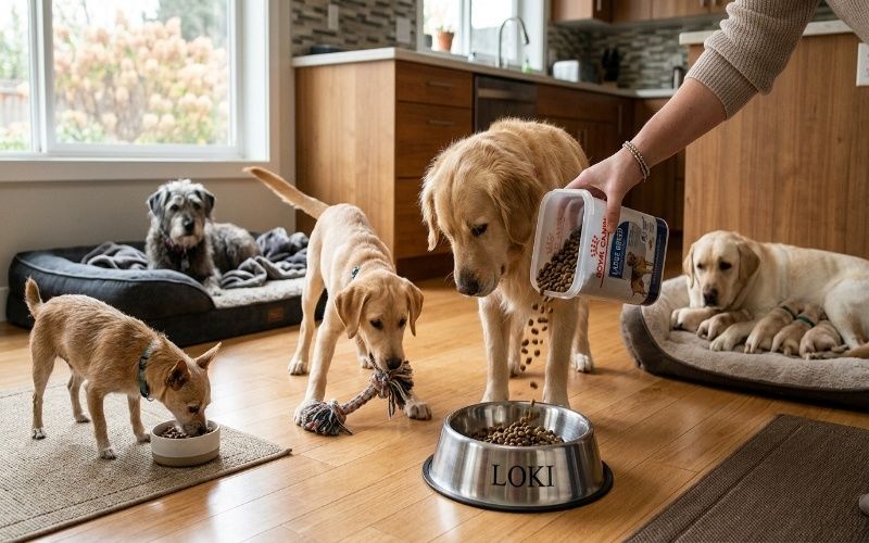 Multiple dogs showing different feeding needs based on size activity level and health in a real home environment