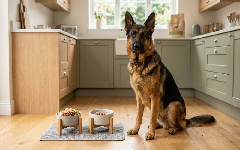 German Shepherd sitting beside measured dog food bowls showing proper feeding guide and portion control concept