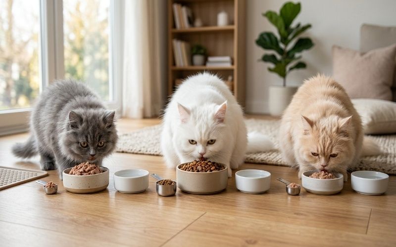 Persian kitten adult cat and senior Persian cat eating age appropriate food portions