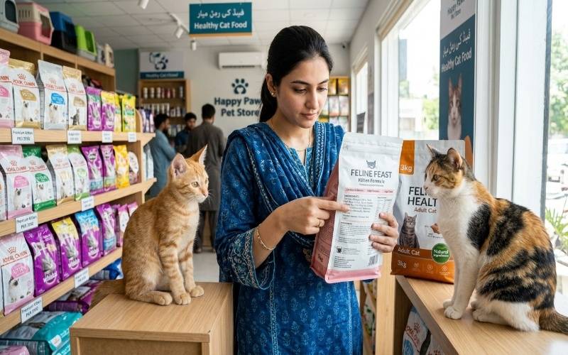 Pet owner comparing dry cat food ingredients to choose the best food for a cat