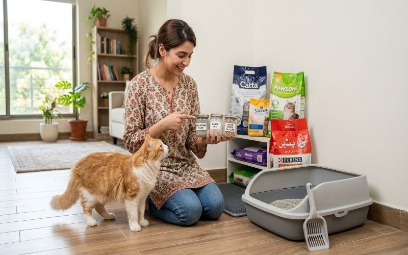 Pet owner comparing different cat litter types near clean litter box with cat in modern home showing buying guide and selection tips
