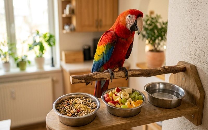 Parrot daily feeding routine in Pakistan showing morning seeds pellets evening fruits and clean water for healthy bird care