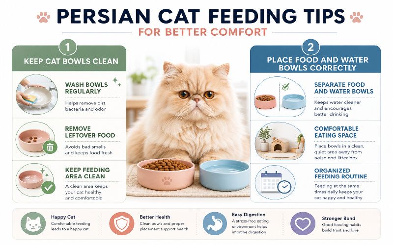 Persian cat feeding tips with clean bowls and proper food placement