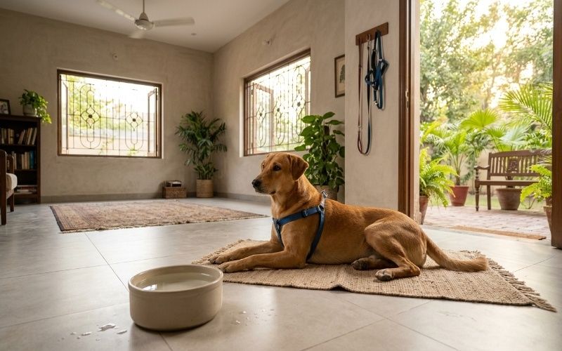 Healthy dog resting in shaded indoor space with water bowl and leash for professional hot weather dog care in Pakistan
