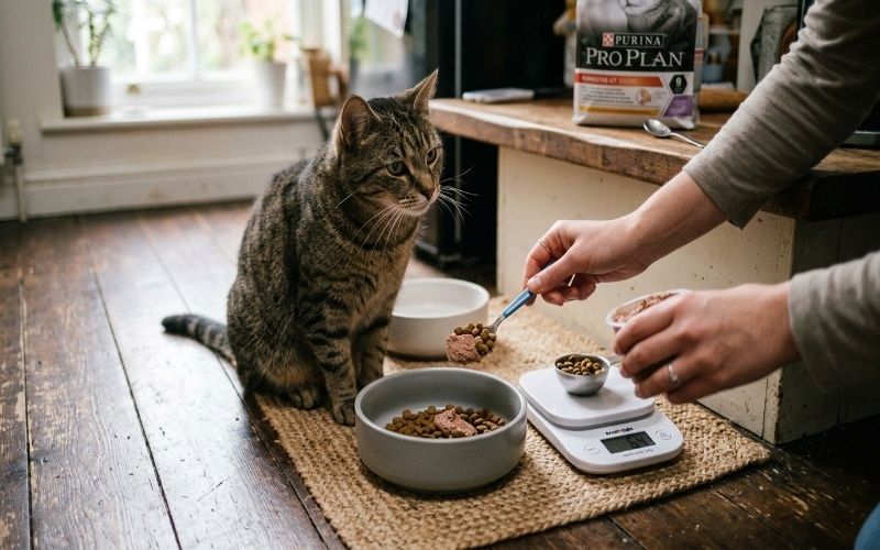 Realistic cat feeding scene showing measured food portions in bowls and kitchen scale for proper cat food portion size guide