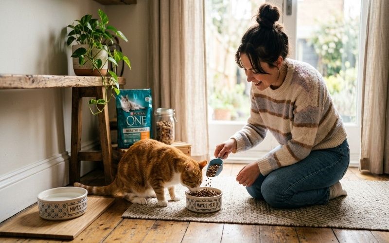 Cat feeding guide for beginners showing cat eating healthy food with clean water bowl at home