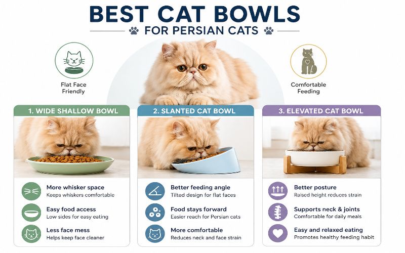 wide shallow, slanted, and elevated cat bowls for Persian cats