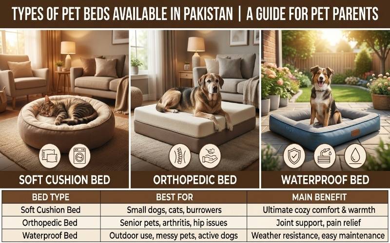 Types of Pet Beds Available in Pakistan including soft cushion, orthopedic, and waterproof beds for dogs and cats