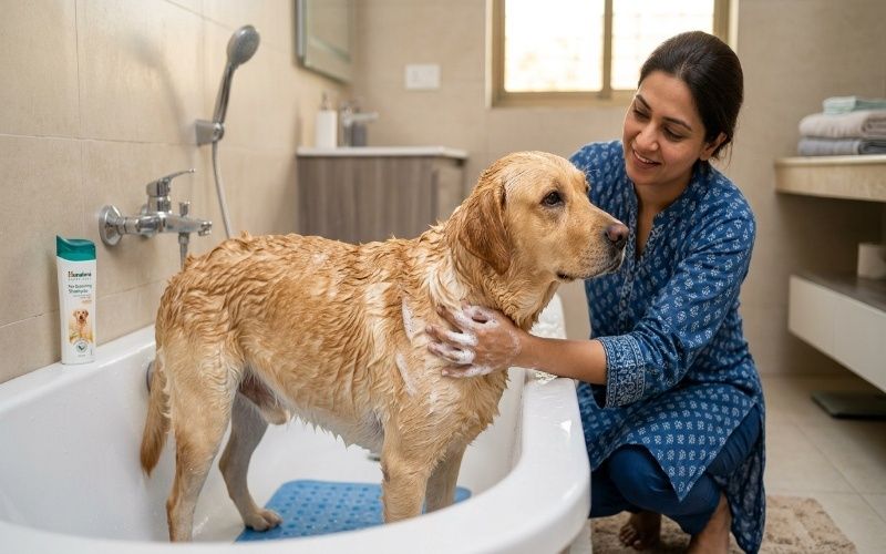 Dog grooming scene showing importance of proper shampoo for healthy skin and coat care