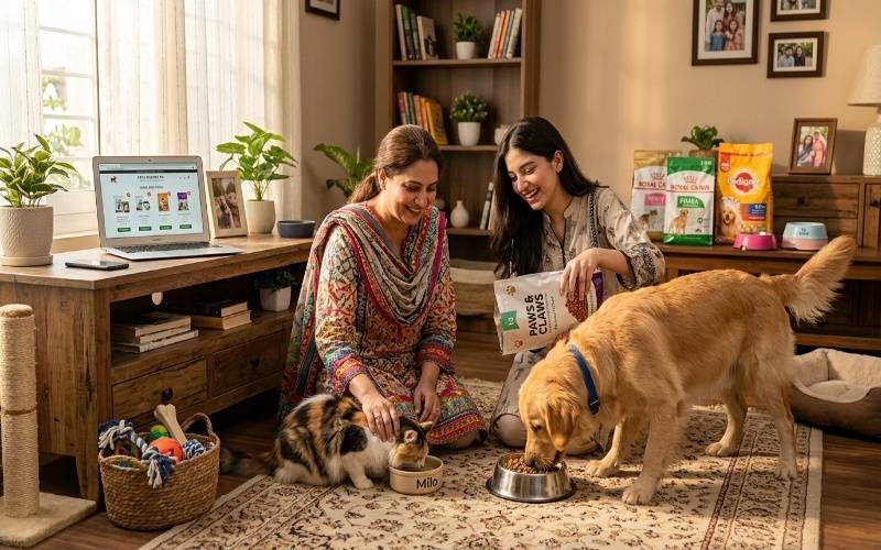 Pakistani pet owner feeding dog and cat while using online pet store showing importance of choosing right pet store in Pakistan