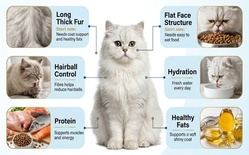 Real infographic showing Persian cat nutrition requirements and health needs