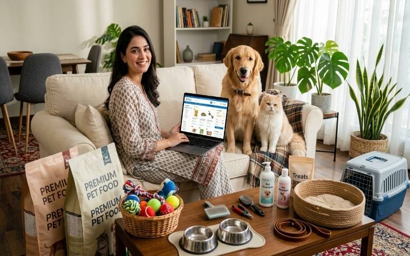 Pet owner buying pet supplies online in Pakistan with a cat and dog beside pet food, toys, grooming products, bowls, and accessories at home.