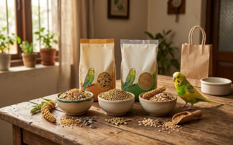 Different budgie food brands in Pakistan including seed mix, pellets, and grains for healthy bird diet and nutrition