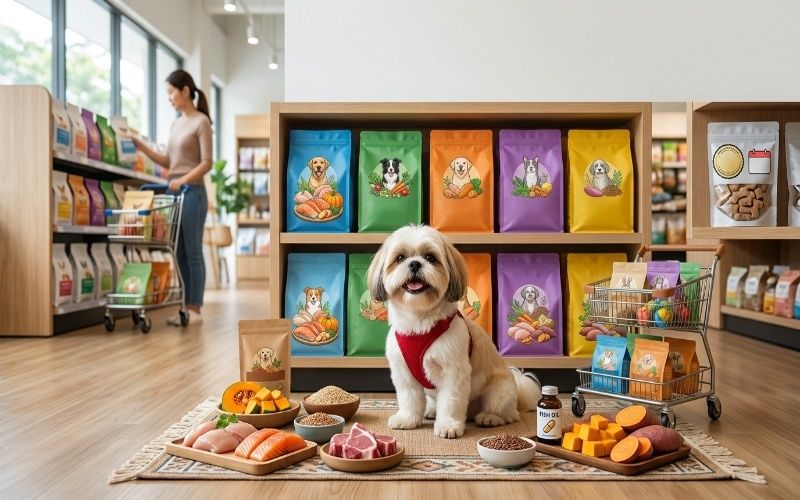 Shih Tzu with premium dog food brands and healthy ingredients in a pet store