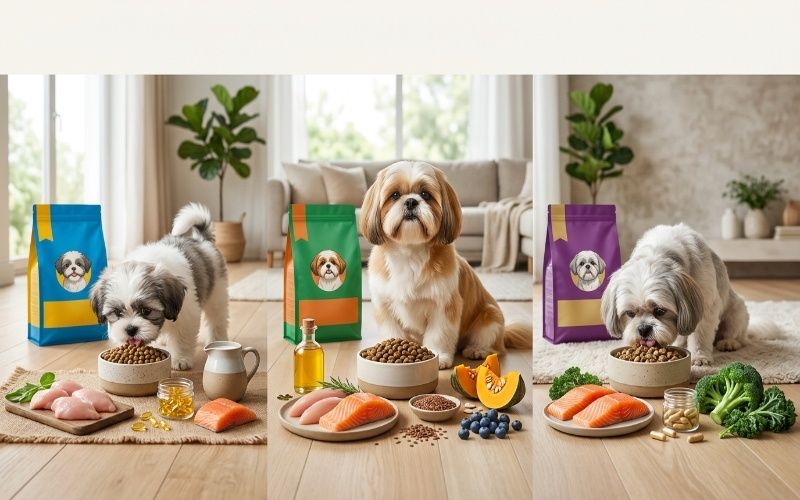 Shih Tzu puppy, adult, and senior dog with age appropriate dog food and healthy ingredients